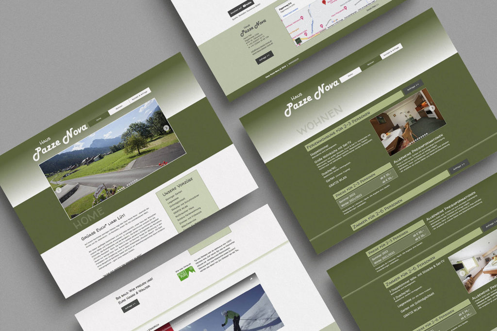 Referenzprojekt mit Mockup der Webseite vor dem neuen Design für Haus Pazze Nova, St. Gallenkirch, Ferienwohnung