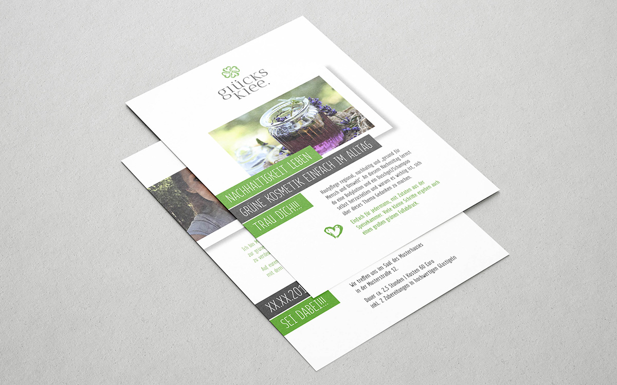 Referenzprojekt des Grafikatelier Montafon als Mockup Flyer für Grüne Kosmetik Pädagogik