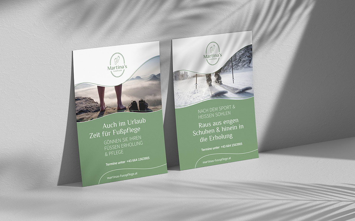 Referenzprojekt des Grafikatelier Montafon als Mockup Plakat für Martinas Fußpflege Schruns
